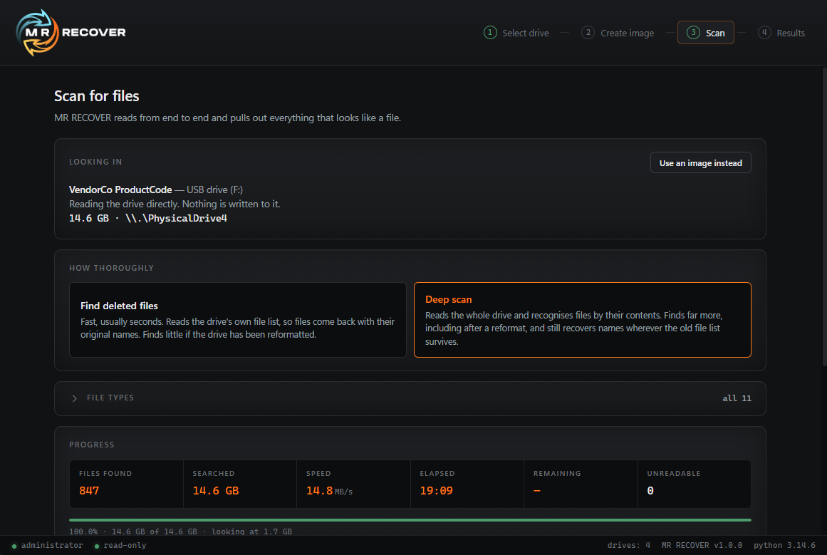 MR RECOVER scan screen showing live progress